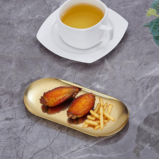 SANQIAHOME 7X3 inch ellipse Appetizer Plates,thick stainless steel Dinner Plates, Pasta Dessert Plates for Sushi, Fruit oven/Dishwasher Safe, Set of 4,Gold