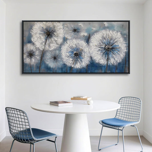 Framed Blue Dandelion Wall Art Decor Canvas Print Picture for Living Room White Flower Flora Plant Home Bedroom Painting Decoration Modern Framed Artwork size 24x48