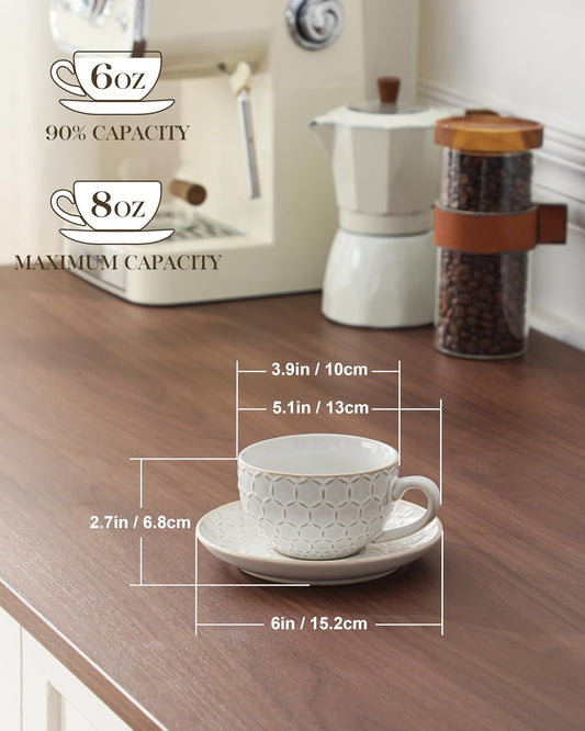 MALACASA 8 OZ Cappuccino Cups with Saucers Set of 4 - Stackable Espresso and Tea Cups, Dishwasher Safe White Ceramic Coffee Mugs for Latte, Cappuccino and Americano