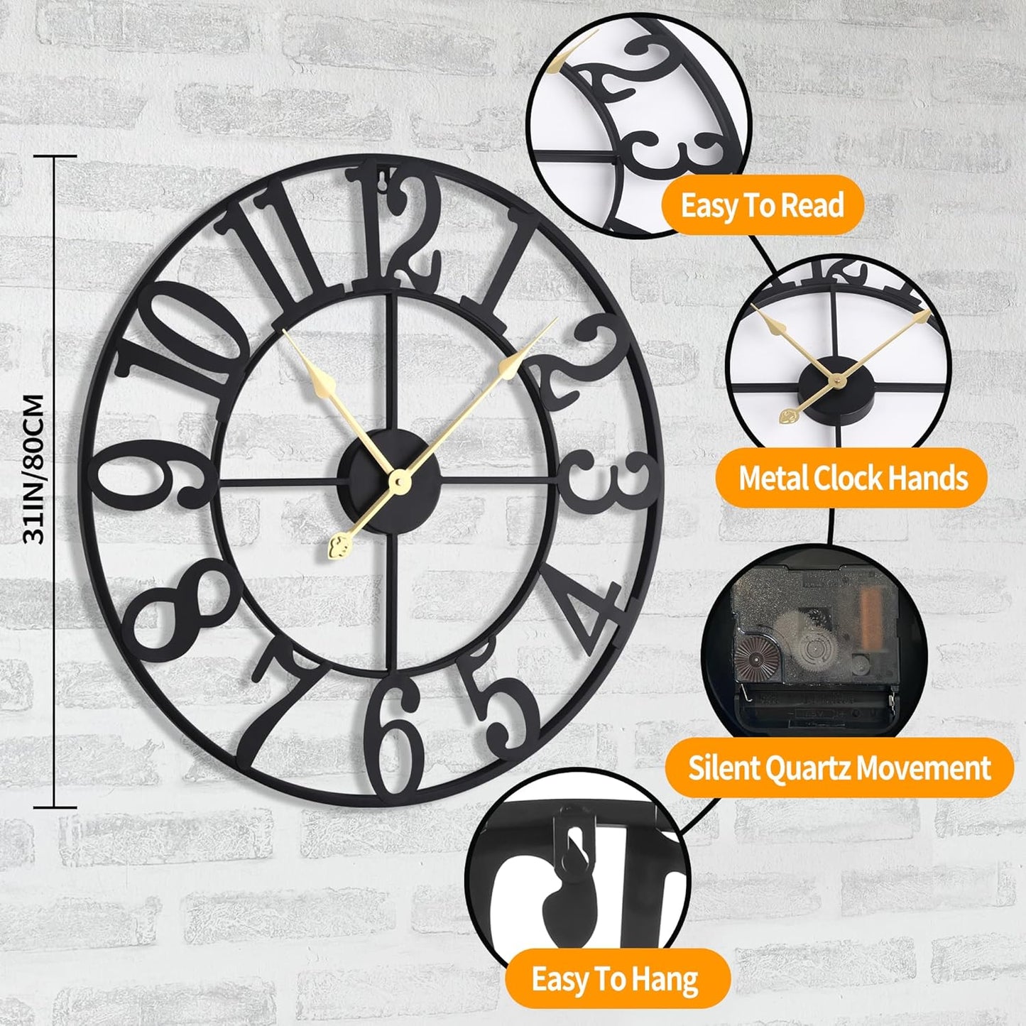 LEIKE 31 Inch Extra Large Wall Clock, Retro Decorative Oversized Silent Little Ticking Battery Operated,Black Metal Arabic Numerals Wall Clocks for Living Room,Office,Entrance Farmhouse Decor