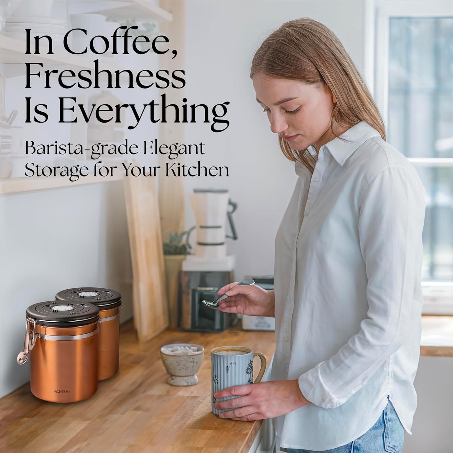 Mixpresso 16 Oz Copper Coffee Canister, Stainless Steel Airtight Coffee Container, Ground and Bean Storage with Date Tracker, Vacuum Sealed Espresso Airtight Container, Sugar Container