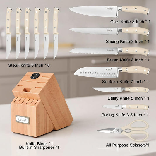 KUISINE Knife Set High Carbon Stainless Steel Ultra Sharp Blade Ergonomic Handle,Knife Block Set with Built-in Sharpener Upgraded(Ivory Acacia,15PCS)
