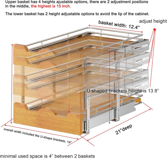DINDON 2 Tier Pull Out Cabinet Organizer (14" W x 21" D) Slide Out Wood Shelf Double Tier Kitchen Wire Basket with Chrome Finish…