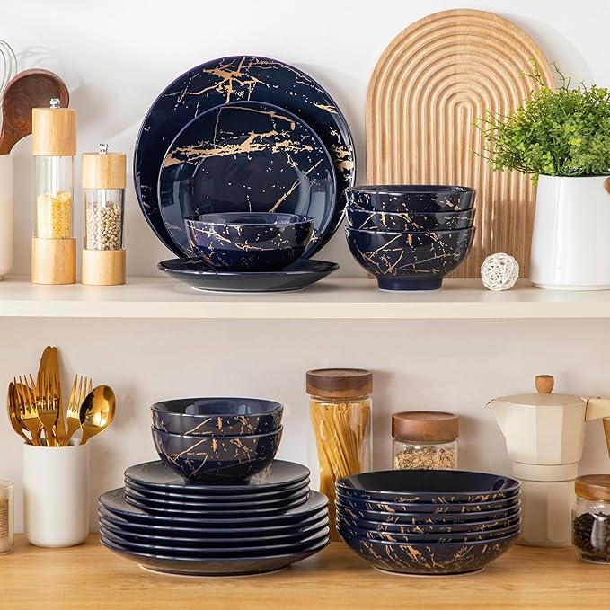 LOVECASA Plates and Bowls Sets for 6, 24 Pieces Porcelain Dinnerware Sets, Dark Blue and Gold Dish Set Gold Splash Dishware Sets, Dishwasher Microwave Safe