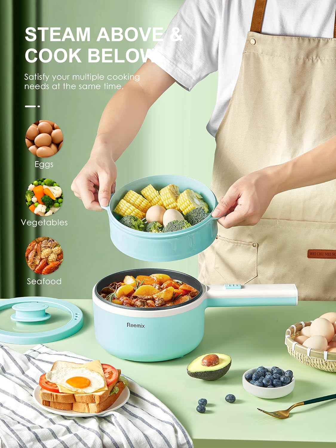 Hot Pot Electric With Steamer, 1.6L Ramen Cooker Non-Stick Sauté Pan for Steak, Egg, Fried Rice, Ramen, Oatmeal, Soup, Portable Personal Perfect Suit Dorm Room and Apartment (Aqua)