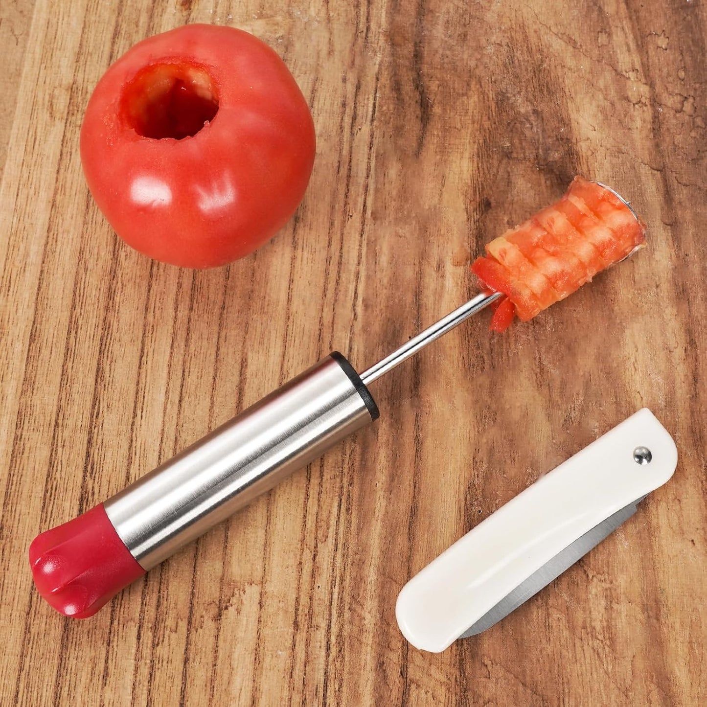 Cook Guy Vegetable Corer with Folding Fruit Knife - Multi-Purpose Sharp Blade Veggie Corer Drill for Zucchini, Potatoes, Carrots - Ergonomic Anti-Slip Handle, 4 Sizes for Coring and Hollowing