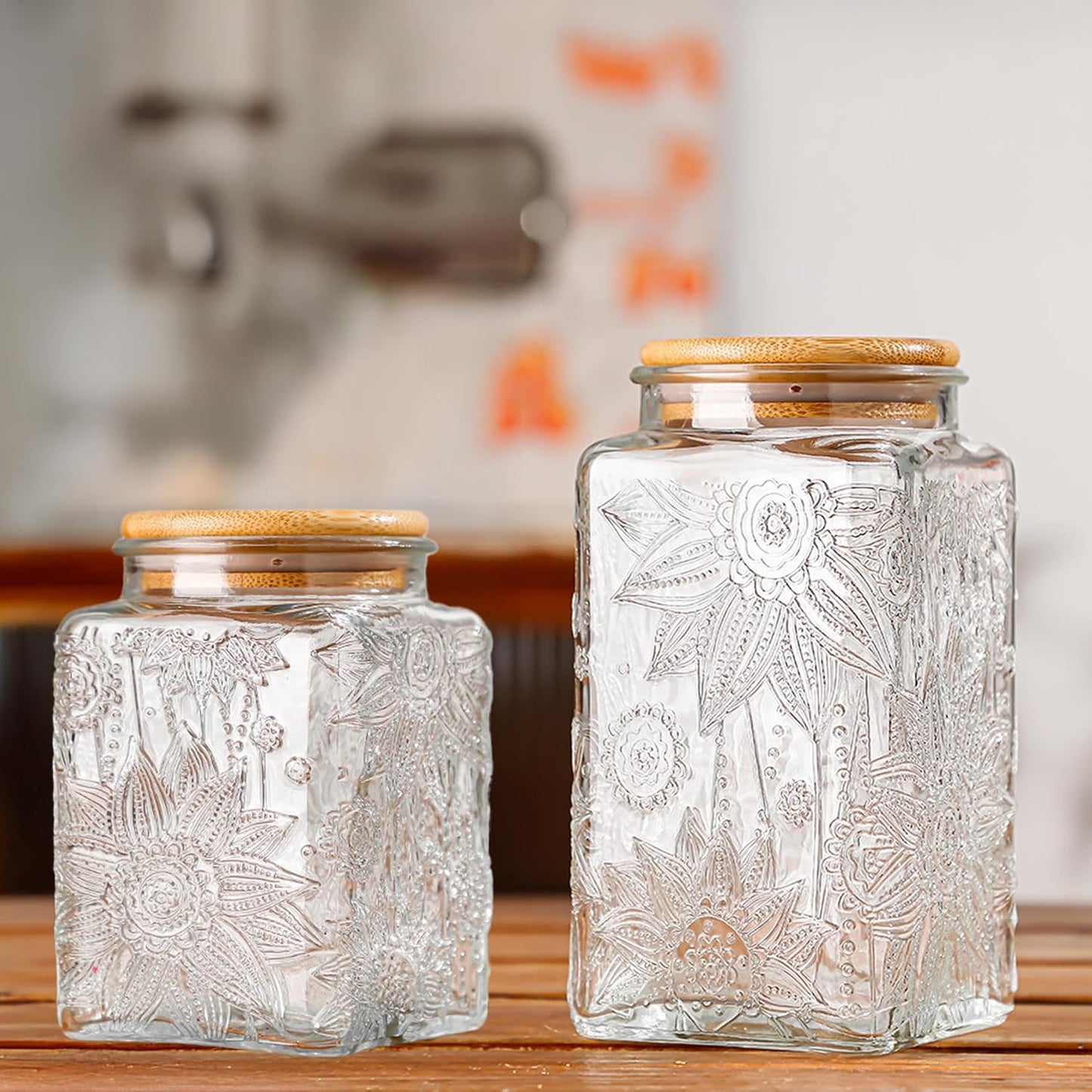 Glass Storage Jars With Airtight Lid, 23.7oz Canister For Kitchen Counter with Bamboo Lid, brown sugar, candy, coffee, cookie, salt, tea,pantry cute Jar (Square Sunflower)