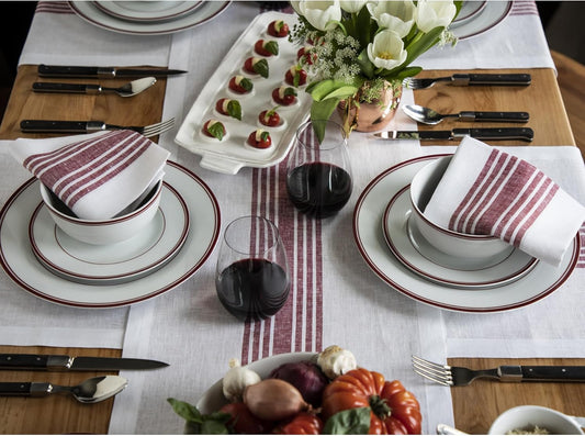 Solino Home Linen Table Runner 120 Inches Long - 100% Pure Linen Burgundy and White Farmhouse Table Runner 14 x 120 Inch for Dining, Fall, Autumn, Thanksgiving, Christmas