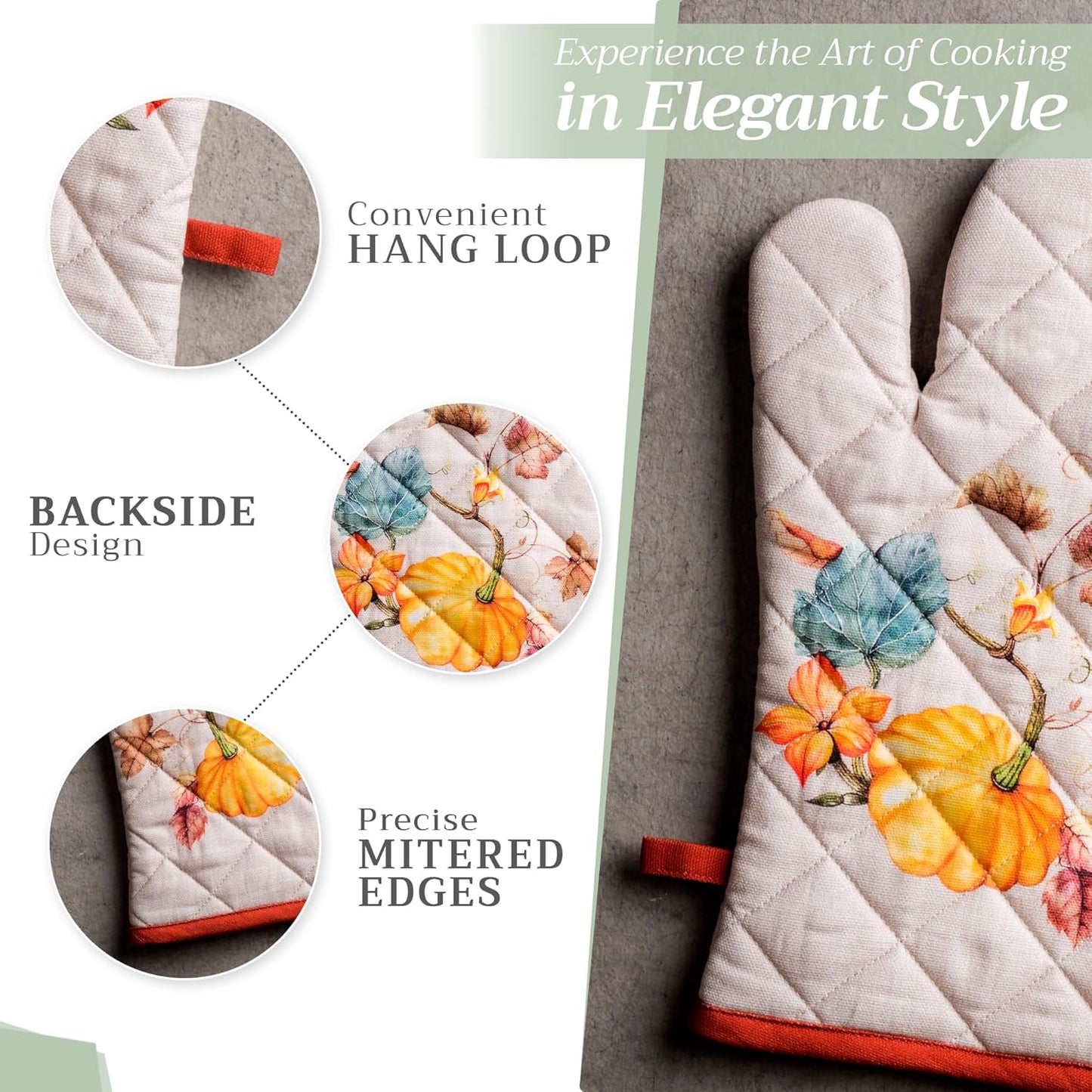 Maison d' Hermine Oven Gloves 100% Cotton Oven Mitt 7" x 13" with Loop Heat Resistant BBQ Cooking Gloves for Thanksgiving Christmas Decorations Baking Handling Hot Pans (Pack of 1, Potiron)