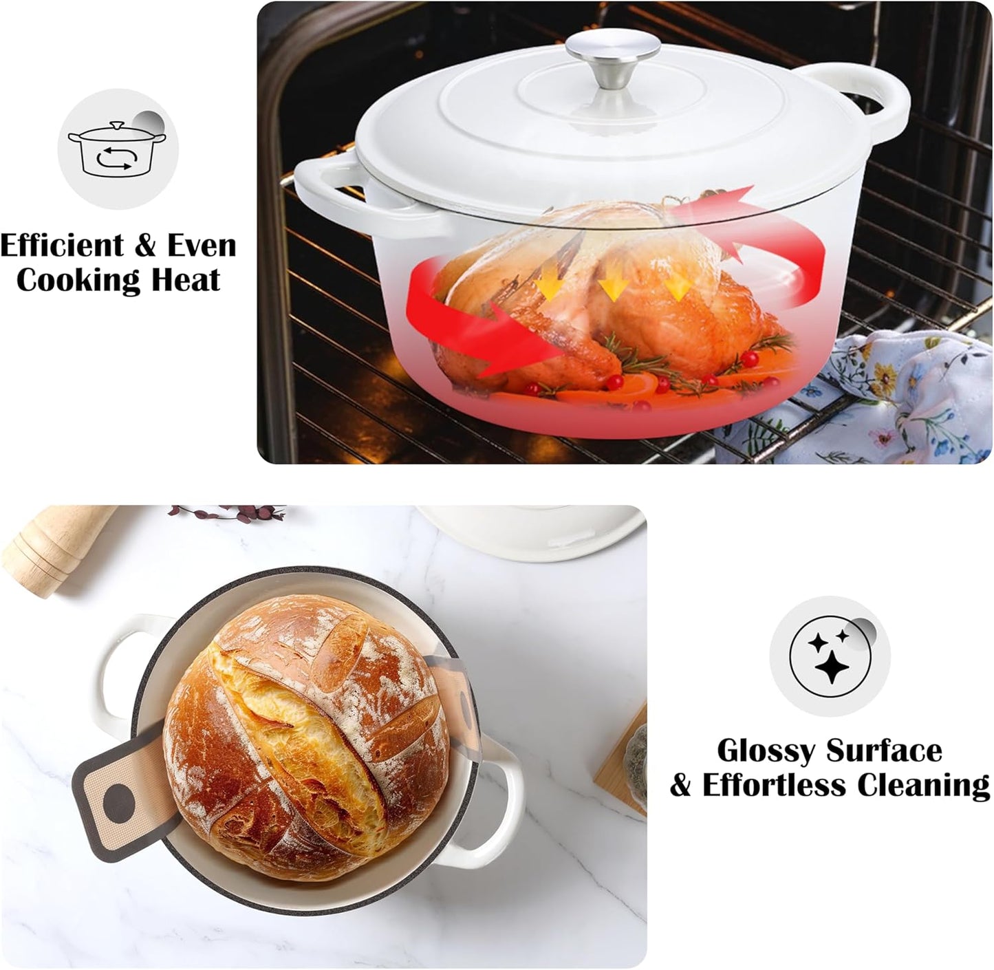 E-far Enameled Dutch Oven Pot for Bread Baking, 6QT Enameled Cast Iron Cookware with Self-Basting Lid & Sourdough Bread Baking Supplies, Heavy Duty Casserole Pot & Dual Handles-White