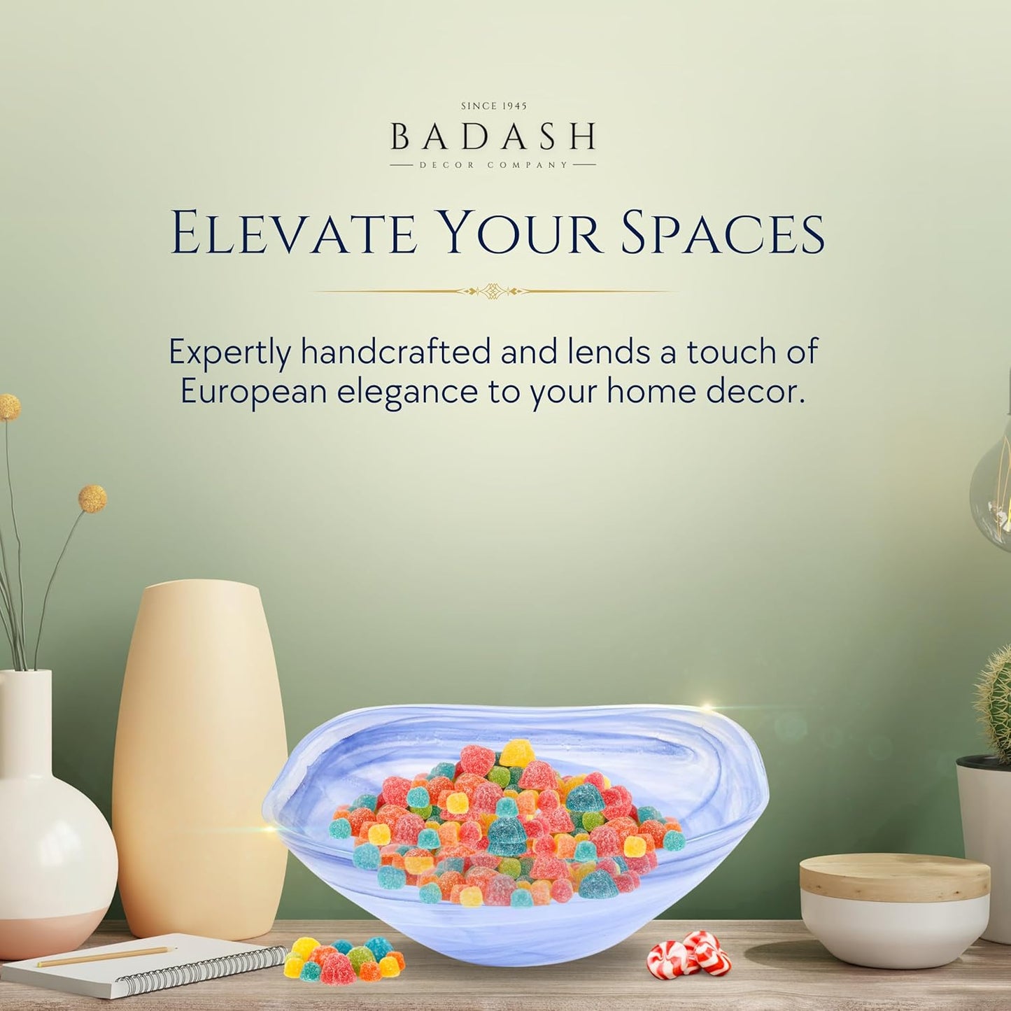 Badash Decorative Glass Serving Bowl, Alabaster Glass Centerpiece Fruit Bowl, Home Décor Table Accent Bowl, 10” Diameter, White & Blue