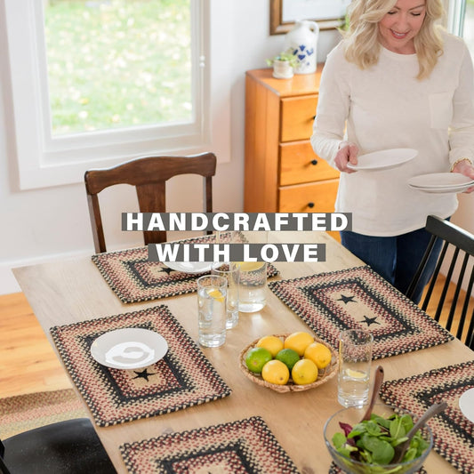 Homespice Primitive Star Gloucester Jute Woven Placemats, Warm Primitive Decor, Set of 4, Black and Red 13x19 Rectangle Table Mats - Vibrant Colors, Durable, Easy to Clean and Protects Furniture