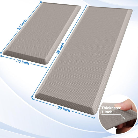 StepRite Kitchen Mats, 2PCS Kitchen Rugs, Cushioned Anti Fatigue Kitchen Mats for Floor, Non-Slip Standing Desk Mat, Waterproof Kitchen Rug Set for Kitchen, 20" x 32"+20" x 48"-Full 1 inch Thick,Khaki