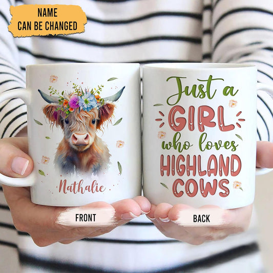 Hyturtle Personalized Gifts Highland Cow Lover - Just A Girl Who Loves Highland Cows Custom Name Ceramic Coffee Mug Cup 11oz - Idea Cute Animal Lover Gifts For Women, Girl On Birthday, Christmas