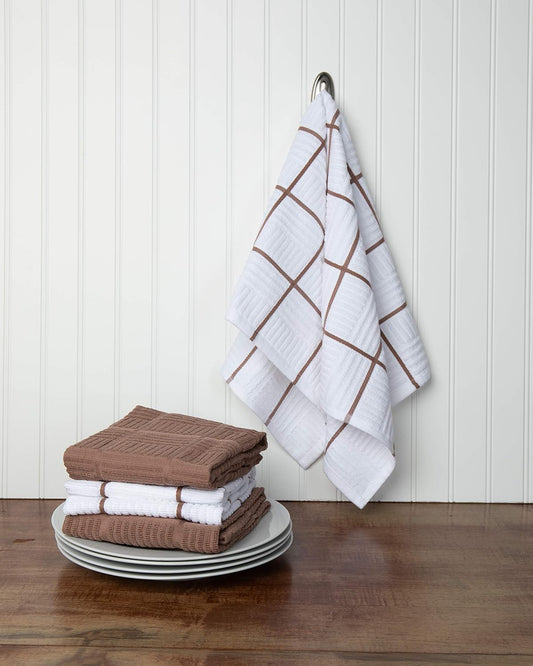 Sticky Toffee Cotton Kitchen Towels Set of 4, Brown and White, 28 x 16 in, Absorbent Reusable Hand and Dish Towels, Tea Towels, Oeko-Tex Cotton