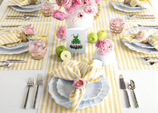 Solino Home Linen Table Runner 48 Inches - Amalfi Stripe 100% Pure Linen Primrose Yellow and White Farmhouse Table Runner 14 x 48 Inch Ideal for Dresser and Coffee Tables