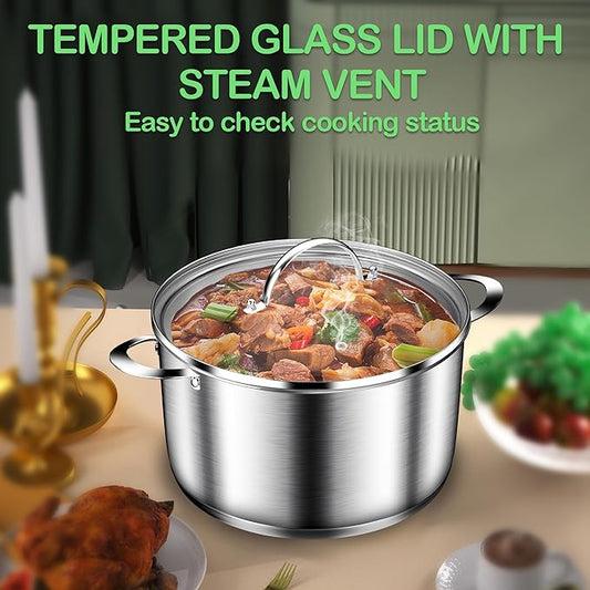 Cooking Pot, Stainless Steel Stock Pot, Soup Pot with Glass Lid, Induction Pots - 8 Quart