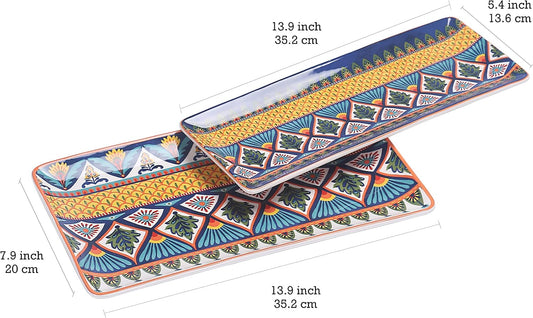 Bico Havana Ceramic 14 inch Rectangular Serving Platter, Set of 2, for Serving Salad, Pasta, Cheese, Ham, Appetizer, Microwave & Dishwasher Safe