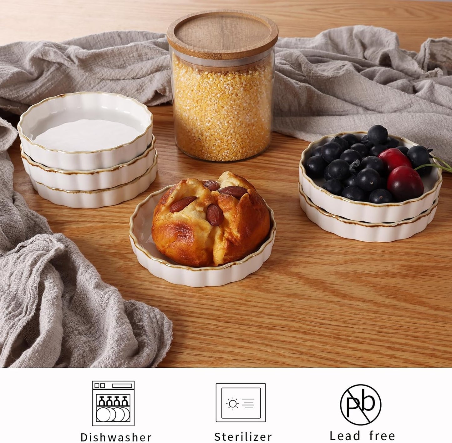 ONTUBE Ramekins -Porcelain Round Ramekins for Creme Brulee Dishes,Dipping Sauces,Baking Pudding Cups, Souffle Dish,Oven Safe,Set of 6 (Brown/White)