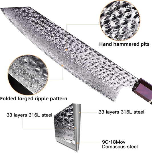 FINDKING Eternity Series Japanese Kiritsuke Knife with ABS sheath, Multi-Purpose Gyuto Chef knife, 9Cr18MoV Damascus Steel Blade, Resin Octagonal Handle, for Meat, Fruits, Vegetables,9 Inches