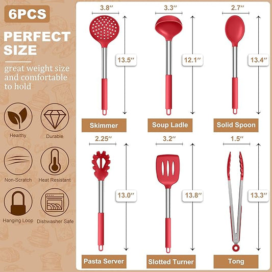 LIANYU Kitchen Cooking Utensils Set, Silicone Cooking Utensils Set of 6, Heat Resistant Kitchen Spatula Gadgets Tools for Nonstick Cookware, Stainless Steel Handle, Dishwasher Safe, Red