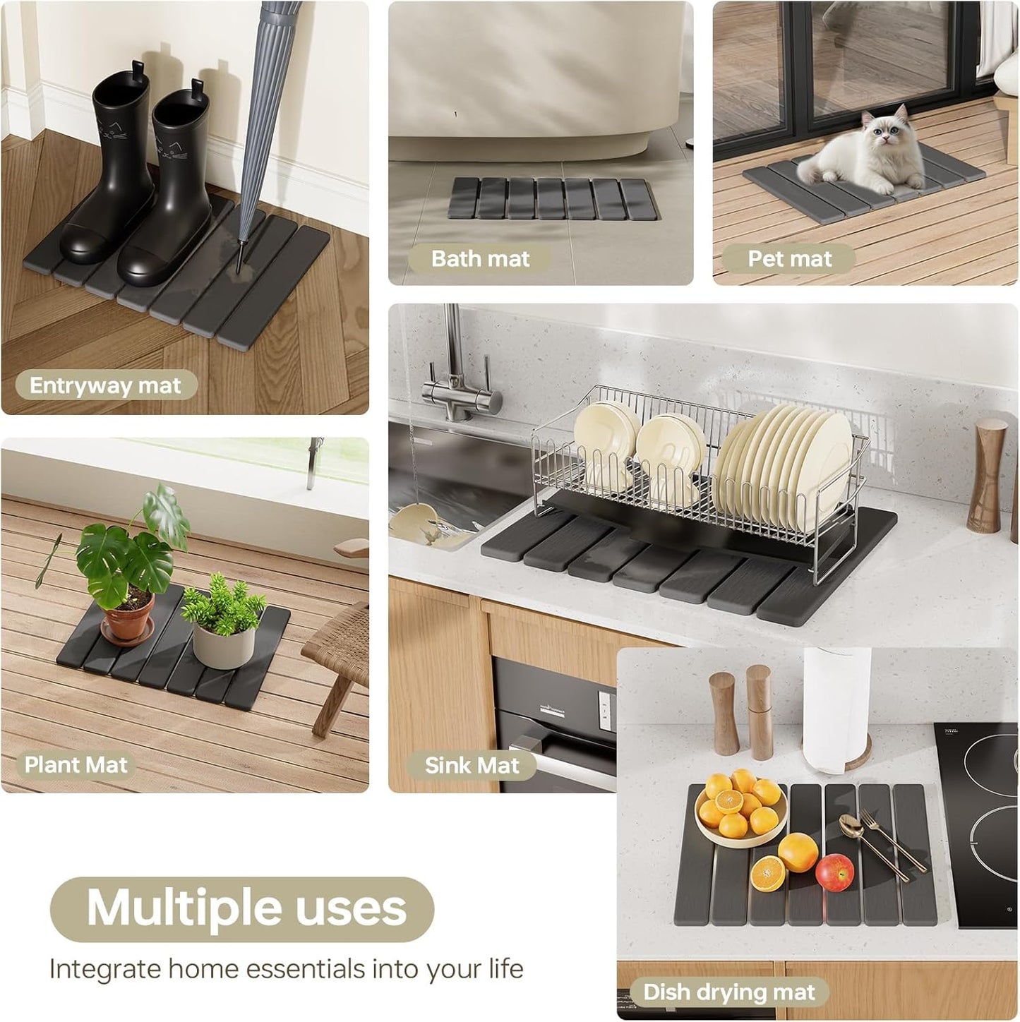 5 PCS 16" x 12" Stone Dish Drying Mat for Kitchen Counter, Quick Dry Stone Mat Diatomaceous Earth, Super Absorbent Drying rack for Dishes, Cups in Kitchen and Bathroom, Fits Any Countertop