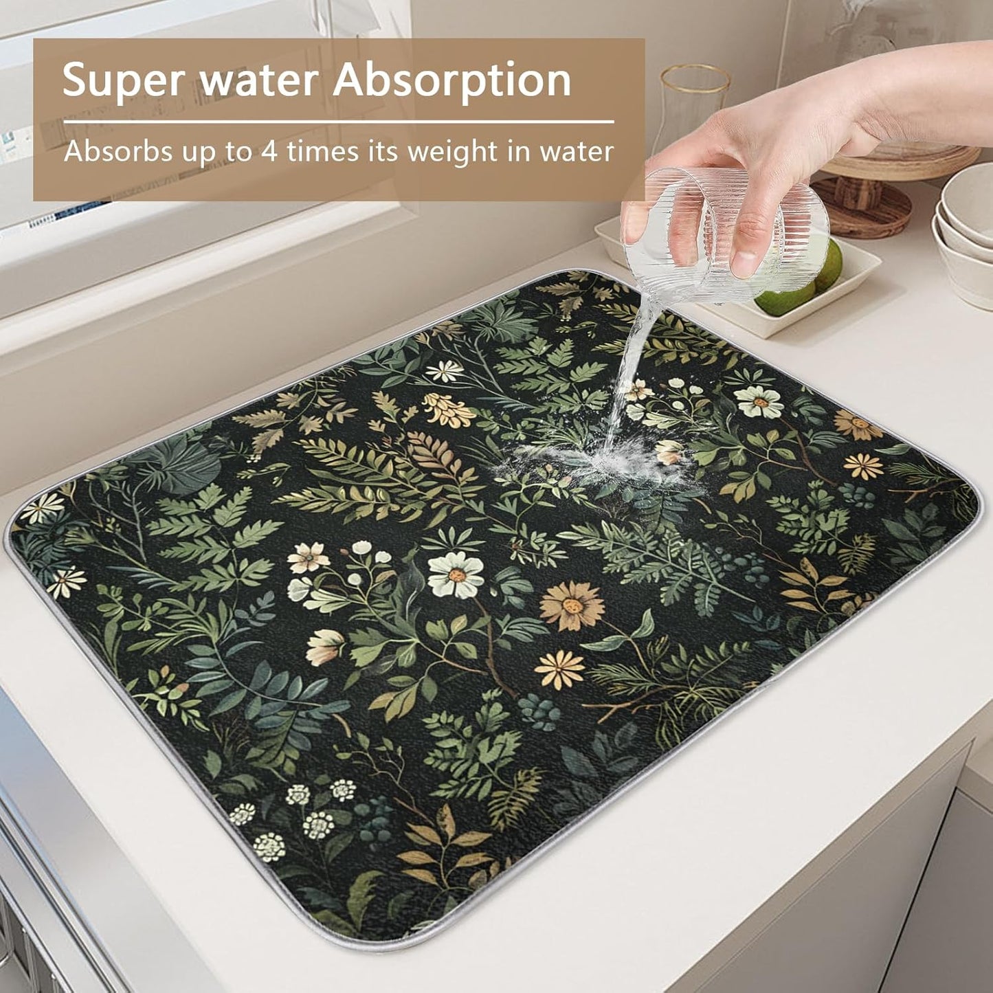 Dish Drying Mats for Kitchen - Green Leaves Wall Hanging Pad with Microfiber Fabric, Reusable Non-slip Absorbent Dishmats for Cook House Counter Coffee Bar Dining-tables, 18"x24"