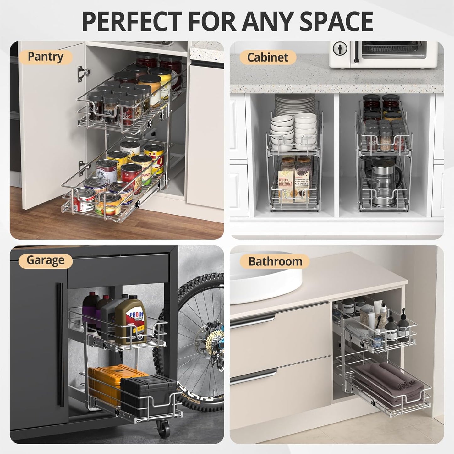 ZOINLIY Pull Out Cabinet Organizer, Versatile Slide Out Kitchen Organizers and Storage,Heavy Duty Drawer Cupboard Storage Basket, Smooth Sliding, Chrome Finish (2-Tiers-9¼''W×22“D)