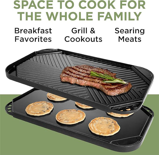 Ecolution Reversible Grill/Griddle Pan, Non-Stick, Dishwasher Safe, Double Burner Family Griddle Grill Pan Cookware, Cast Aluminum, 19.5-Inch x 11-Inch
