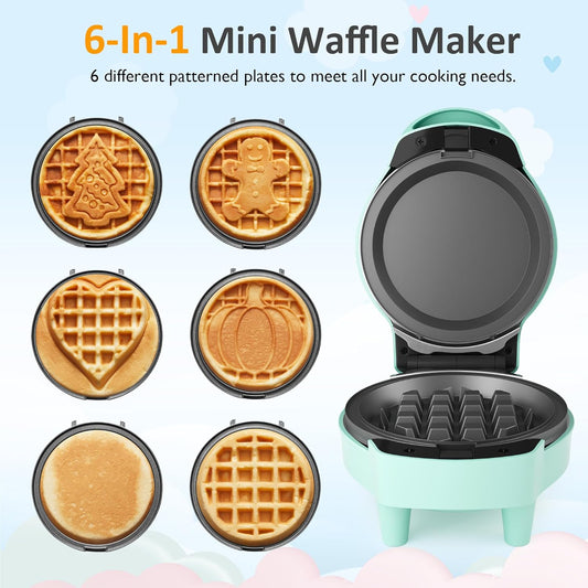 6 in 1 Mini Waffle Maker, 4” Waffle Iron with Removable Non-stick Plates, Perfect Mini Waffle Maker Machine for Kids and Families, Light Blue