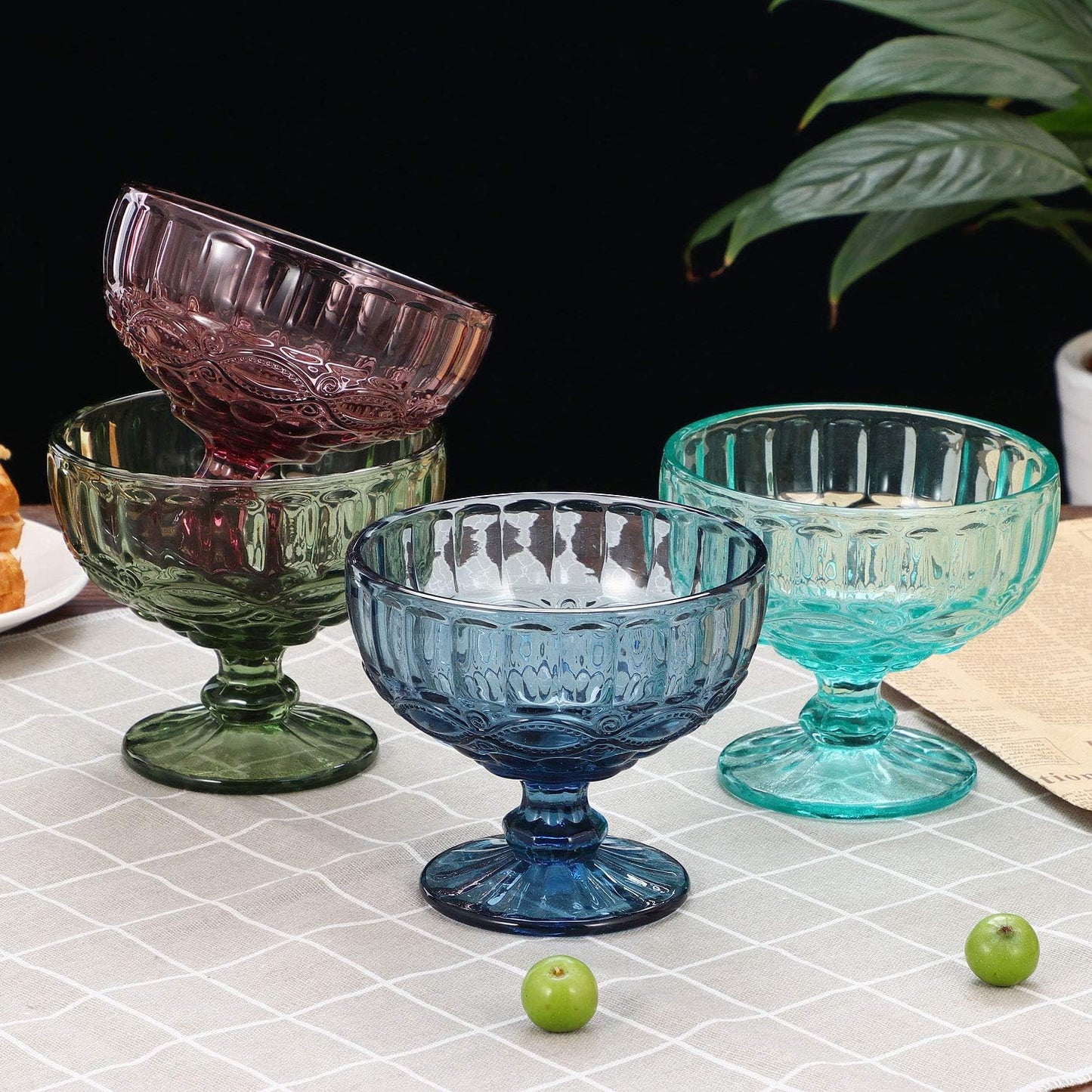 VanEnjoy Purple Vintage Pressed Pattern Glass Ice Cream Cups/Dessert Bowls - Set of 4,12 Oz