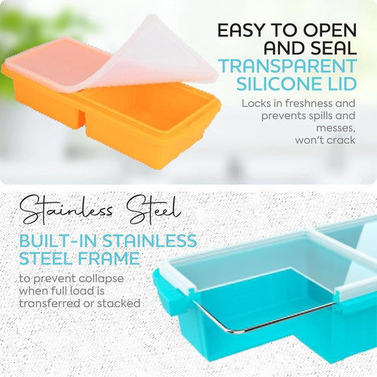 Silicone Freezer Tray With Lid-Soup Freezer Container molds-2-cup Extra Large Ice Cube Tray-makes 4 perfect 500ml portions cubes, For freezing soup,stews,sauces.Oven&Dishwasher-Safe(2-Pack)