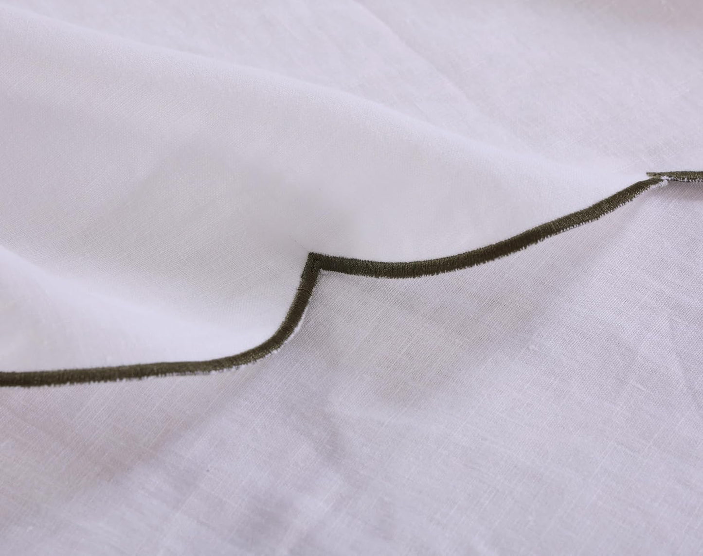 100% French Flax Linen Tablecloths Scalloped Embroidery Rectangle 120Lx60W Inch for Dinners, Parties, Spring, Machine Washable, 10-12 Sets, White(Edges-Green)