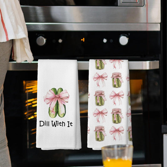 Coquette Pink Bows Pickle Jars Kitchen Towels Set of 2, Cucumber Pickle Lovers Hand Towel, Dill with It Funny Pickle Gifts, Pickle Party Kitchen Decorative Tea Towel Dish Towels 16x24 Inch