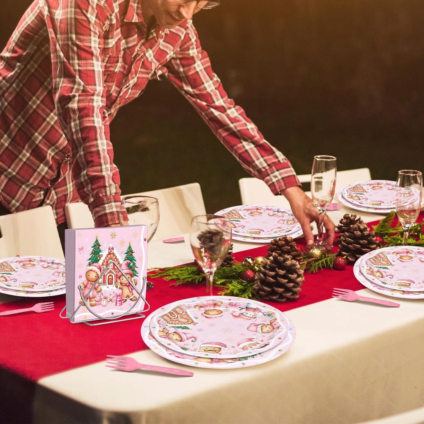 100 Pcs Pink Gingerbread Christmas Tableware Party Supplies – Disposable Holiday Dinnerware Set with Paper Plates, Napkins, and Pink Forks for Christmas Party, Winter Celebration – Serves 25 Guests