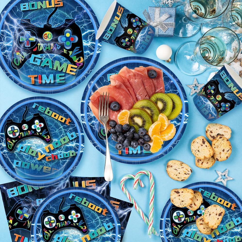 142 Pcs Video Game Birthday Decorations Gaming Birthday Party Supplies Disposable Paper Plates Napkins Cups Serve 20