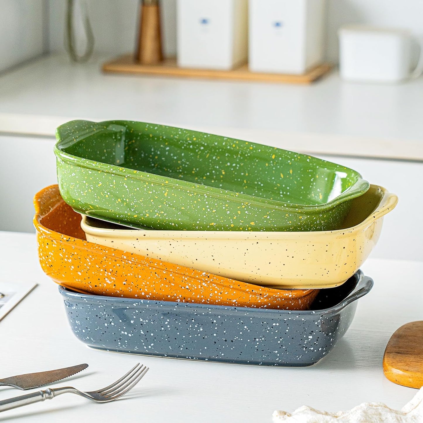 Ceramic Baking Dishes for Oven,Heavy Duty Bakeware Dish Set of 3, Rectangular Casserole,Lasagna Pan Deep,High Heat Resistant,Glazed Handcraft Speckle Series (13.8''/12''/9.6''Green)