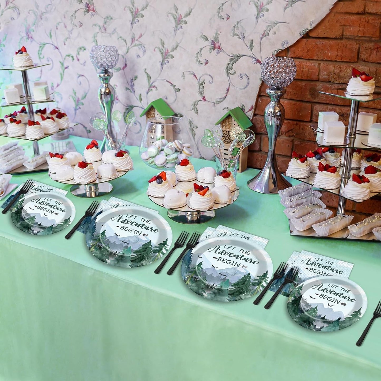 ZOIIWA 200 PCS Adventure Awaits Tableware Disposable Let The Adventure Begin Party Supplies Dinnerware Set Baby Shower Plates Napkins Birthday Party Decoration Serve 50 guest