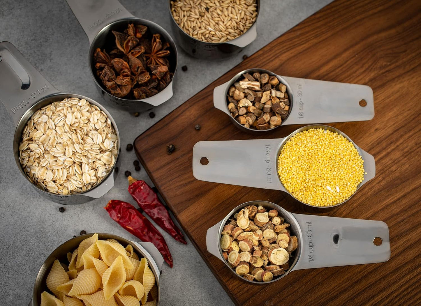 Set of 7 Heavy Duty Measuring Cups, 18/8 Stainless Steel with Ring Connector, Dark Grey