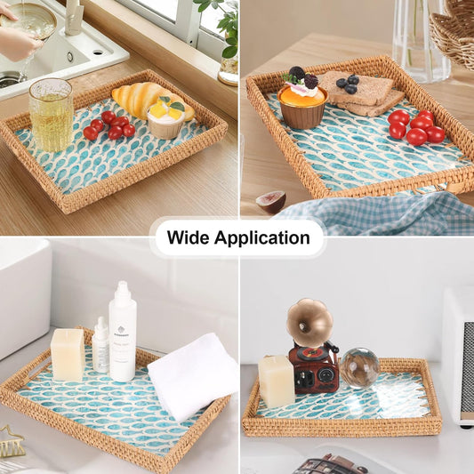 Rectangle Rattan Tray with Mother of Pearl Inlay, Rattan Serving Tray with Handle for Coffee, Bread, Fruits, Snacks, Decorative Wicker Tray for Table Decor (Rectangle Turquoise Fish, 13"×9")