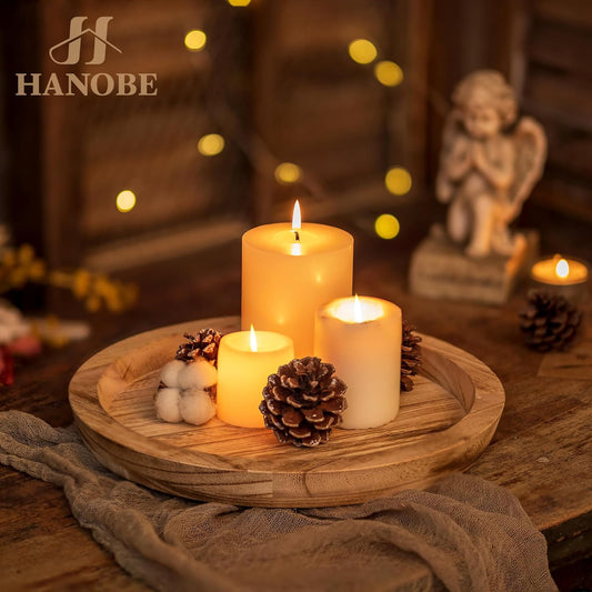 Hanobe Rustic Wooden Serving Tray: Round Wood Decorative Tray Rustic Centerpiece Candle Holder Trays Farmhouse Ottoman Tray for Decor Kitchen Counter Home Decor for Coffee Table