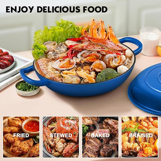 Overmont Enameled Cast Iron Dutch Oven - 3.8 Quart Dutch Oven Pot with Lid - Shallow Cookware Braising Pan - Cast iron Casserole with Cookbook & Heat-resistant Caps - Oven Safe up to 500° F