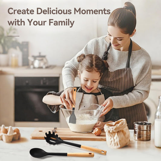 Kitchen Utensils Set, Large Non-stick Silicone Cooking Utensils Set 6 Pcs, Wooden Handle Heat Resistance Silicone Spatula Soup Ladle Pasta Server Kitchen Gadgets Utensils Set BPA Free (Black)