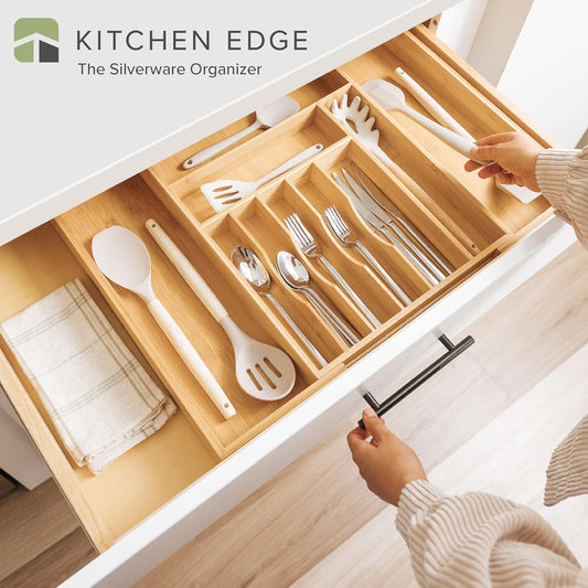 KitchenEdge Premium Silverware, Flatware and Utensil Organizer for Kitchen Drawers, Food-Safe Contract Grade, Expandable from 14 to 25 In, Natural Bamboo
