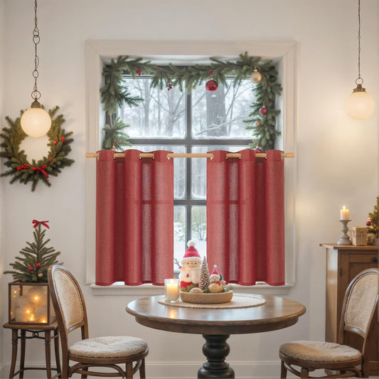 YoungsTex Red Linen Curtains 40 Inch Length for Kitchen Window, Short Light Filtering Drapes with Bronze Grommet Privacy Christmas Decor for Cafe Bathroom Window, 42 x 40 Inch, 2 Panels