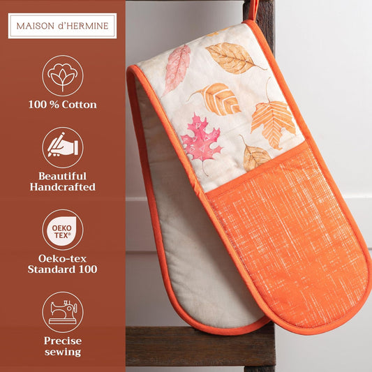 Maison d' Hermine Double Oven Mitt (7" x 35") 100% Cotton Heat Resistant BBQ Cooking Gloves with Loop for Thanksgiving Christmas Decorations Baking Cooking Handling Hot Pan (Colours of Autumn)
