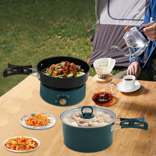 500W 0.42 Gal Portable Electric Hot Pot with Foldable Handles, Multi-function Non-stick Mini Cooker for Ramen Soup Pasta Steak, Power Adjustment & 110V Personal Travel Hot Pot Cooker (Green)