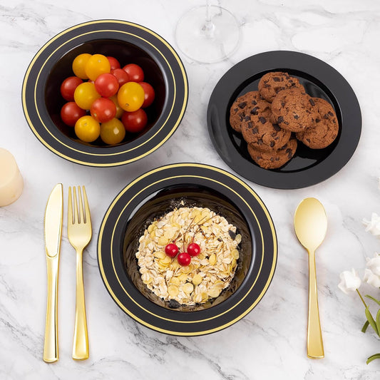 Goodluck 50 Pack Black Plastic Bowls with Gold Rim, 12oz Disposable Soup Bowls, Heavy Duty Dessert Bowls for Weddings, Parties, Dinners, Catering, and New Year