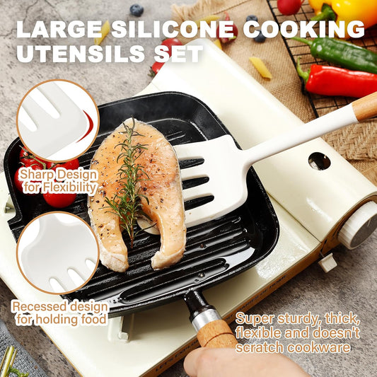 QMVESS Silicone Cooking Utensils Set, Kitchen Utensils Set 7 Pcs with Long Wooden Handle, Food Grade and Heat Resistant Large Silicone Spatula Set for Nonstick Cookware, BPA Free(White)