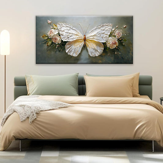 Modern Abstract Wall Art White Simple Butterfly And Rose Wall Art Decor Canvas Art Wall Decor For Bedroom Living Room Kitchen Bathroom Office 24x48 Inch Home Wall Decor